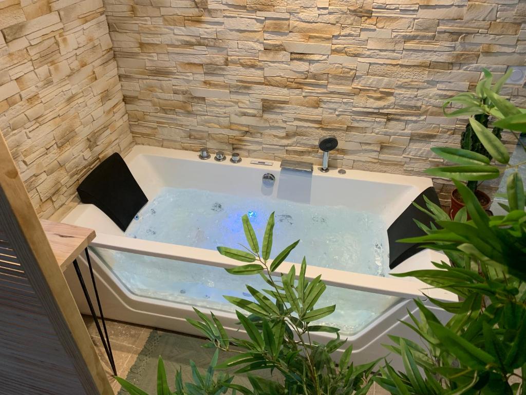 a bath tub in a room with a stone wall at Casa del Jaguar in Gorges