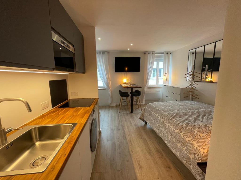 - une cuisine avec un lit et un évier dans la chambre dans l'établissement Grand Studio - Le Kléber - Strasbourg Centre, à Strasbourg