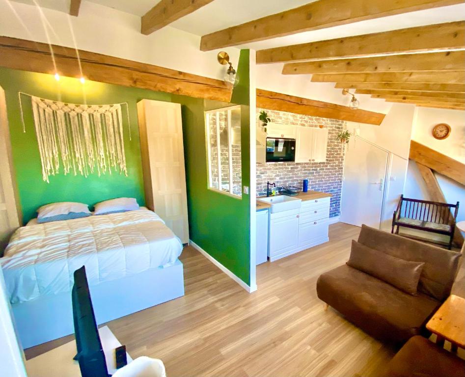 - une chambre avec des murs verts, un lit et un canapé dans l'établissement Rétro chic au coeur de Villeurbanne, à Villeurbanne