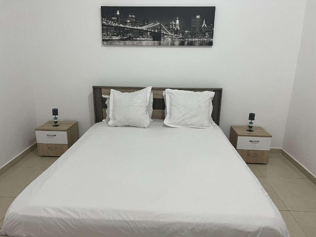 Pamandzi的住宿－Sublimes T2 à 2 min à pied de l'aéroport，一间卧室配有白色床和2个床头柜