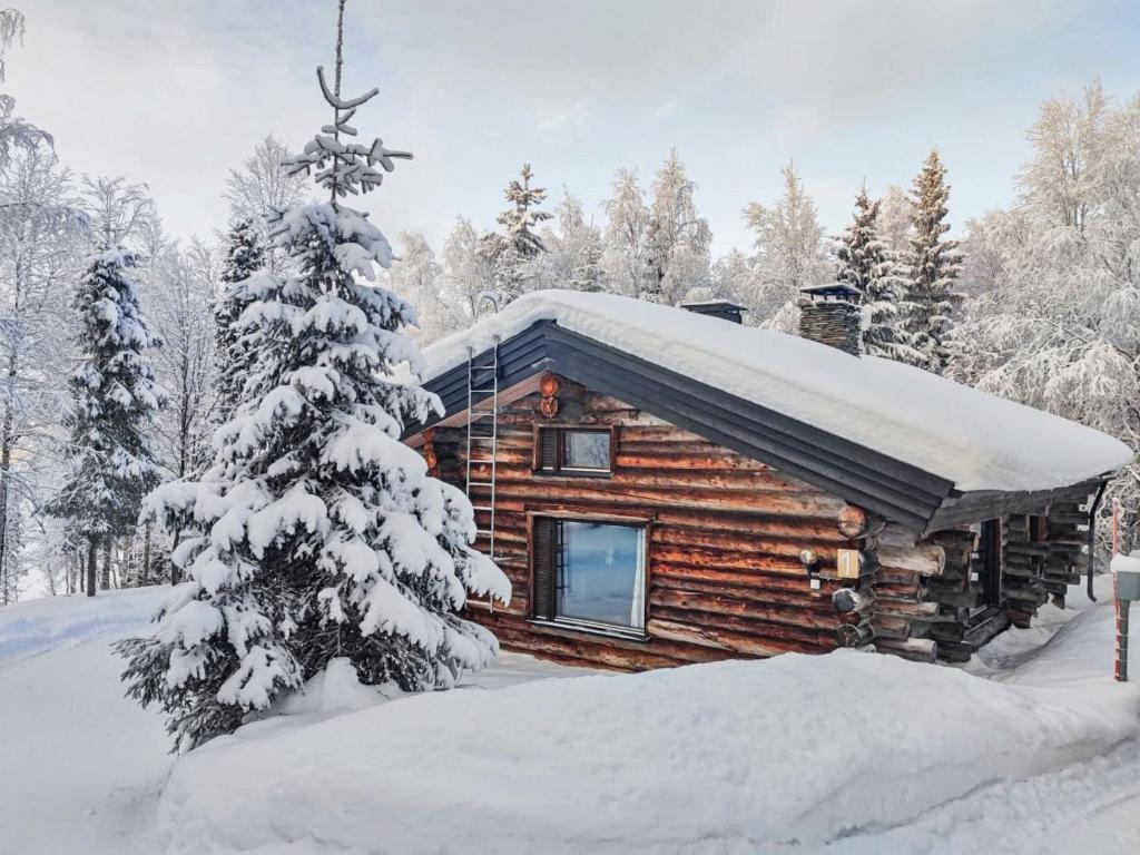 a log cabin in the snow with a snow covered tree at Holiday Home Hallan kelo by Interhome in Ruka
