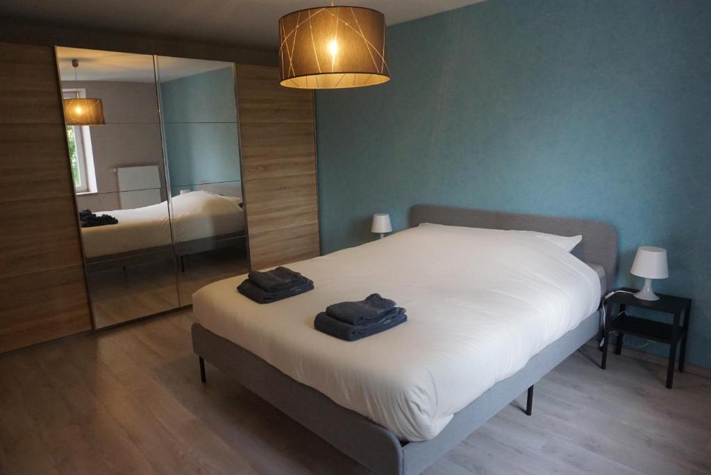 Postel nebo postele na pokoji v ubytování L'Aubach - appartement spacieux - au pied du vignoble - parking gratuit