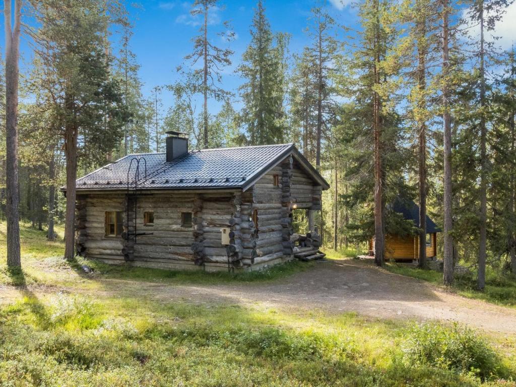 una cabaña de madera en el bosque con árboles en Holiday Home Ukkohermanni by Interhome, en Luosto