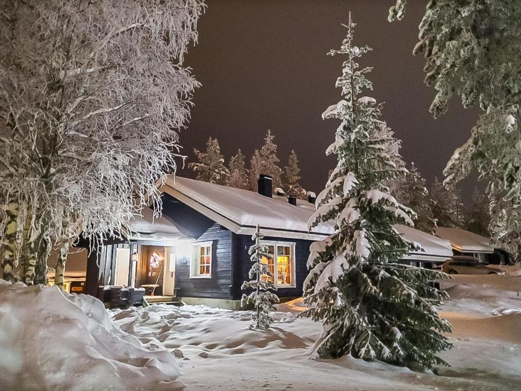 une cabine dans la neige la nuit dans l'établissement Holiday Home Lomaylläs b19 - palovaarankaarre 2 b by Interhome, à Ylläsjärvi