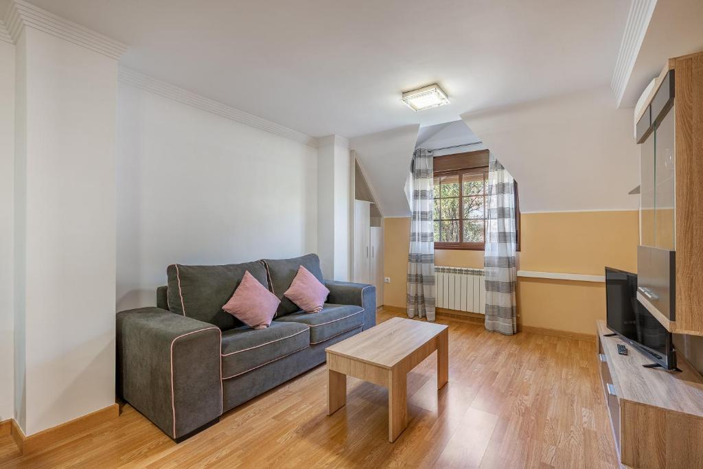 ein Wohnzimmer mit einem Sofa und einem Tisch in der Unterkunft Apartamento ladera de Sierra Nevada in Monachil