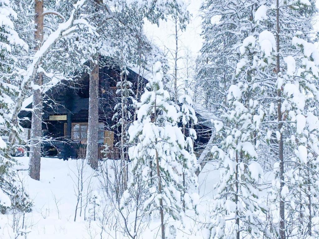 ユッラスヤルヴィにあるHoliday Home Tievankivi by Interhomeの雪に覆われた木々の小屋