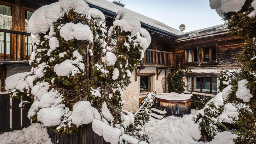 un arbre enneigé devant une maison dans l'établissement Ferme Rosaline, aux Houches