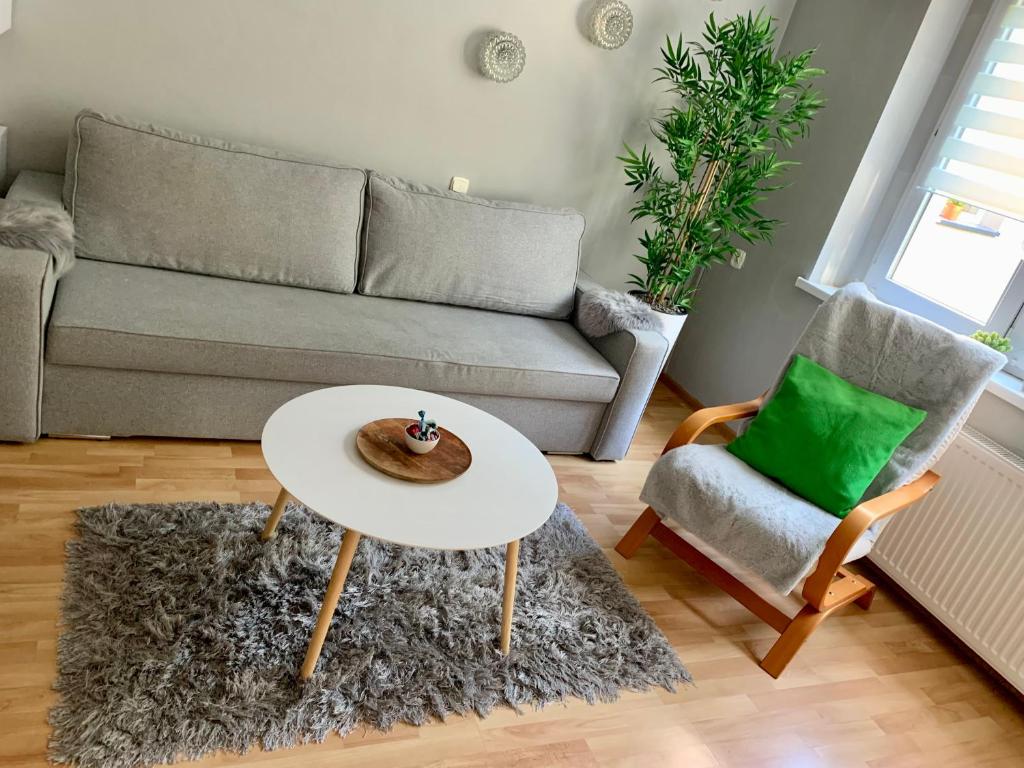 Una sala de estar con un sofá, una mesa y una silla. en Apartament Joanna parter blisko Rynku, Onkologii i strefy ekonomicznej, en Gliwice