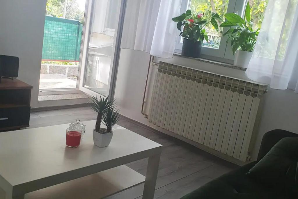 sala de estar con mesa, radiador y ventanas en Germalt, en Tsnori