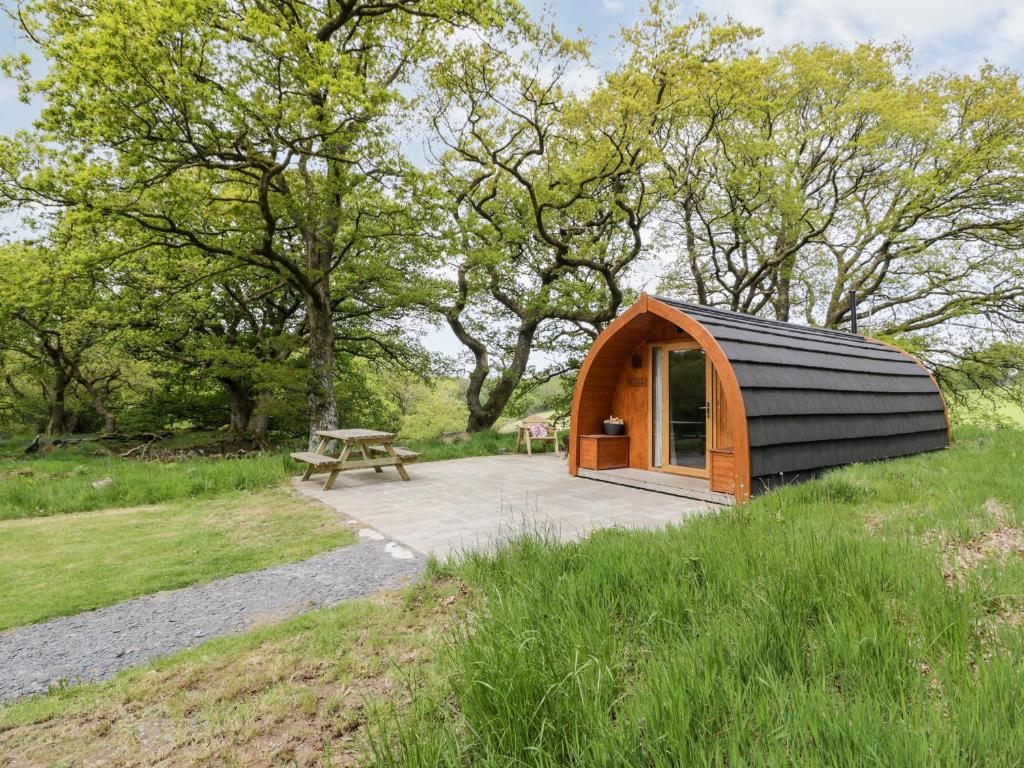 a small wooden cabin in a field with a picnic table at Conwy Pod in Llanrwst