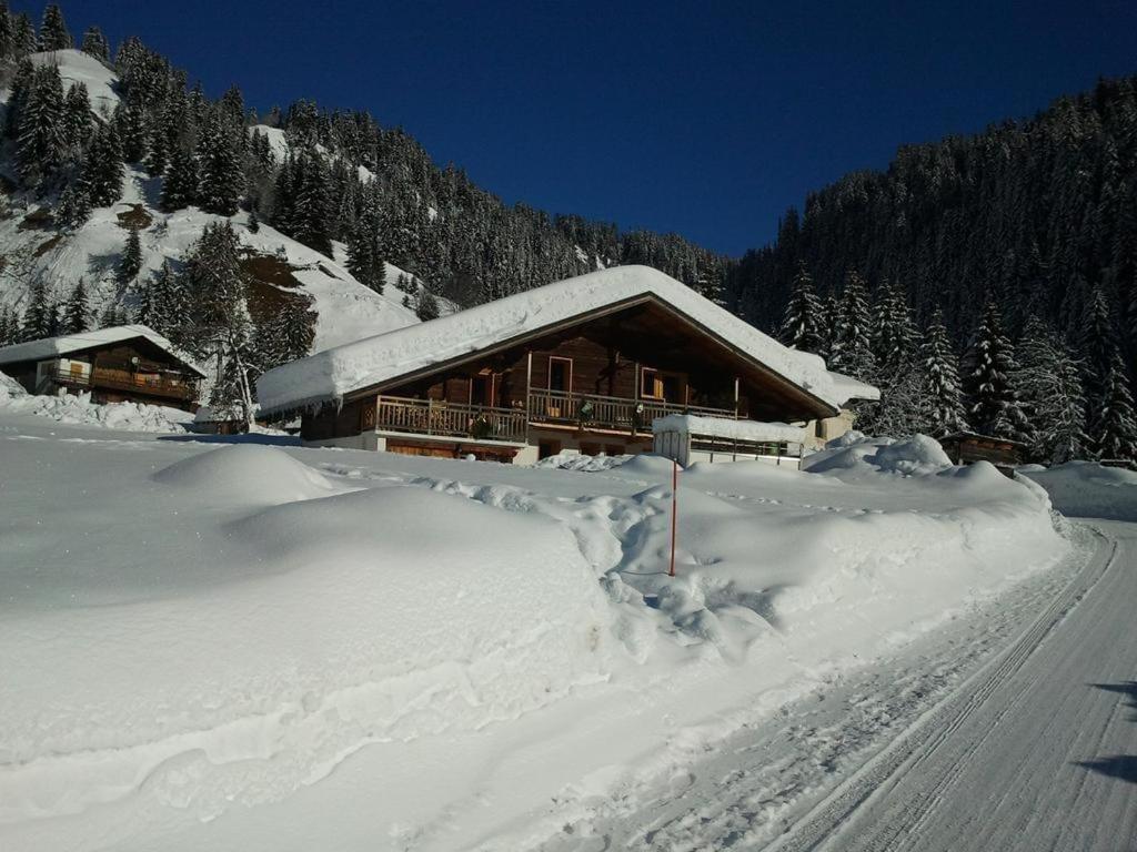 a log cabin in the snow with a road in front at Chalet Beaufortain La Pachna in Hauteluce
