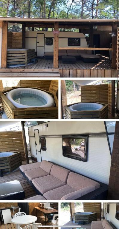 un groupe de quatre images d'un véhicule avec baignoire dans l'établissement Caravanes de Provence, à Aiglun