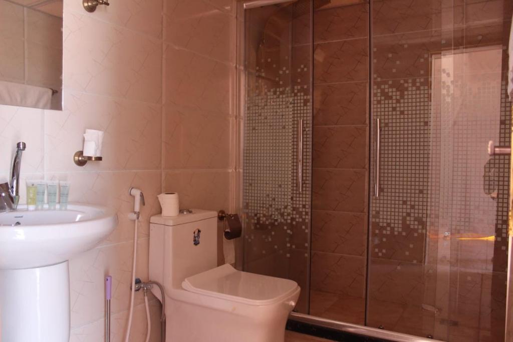 W łazience znajduje się prysznic, toaleta i umywalka. w obiekcie Hakuna matata desert camp w mieście Wadi Rum