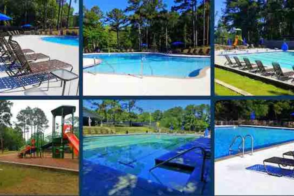 een collage van foto's van een zwembad bij Donna’s Charm: 3 BR/king-suite/pools/golf in Daphne