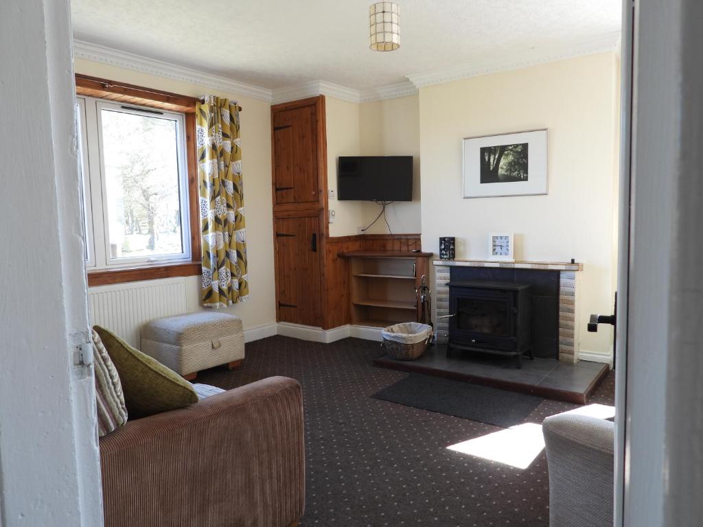 a living room with a couch and a fireplace at Mark cottage in Creetown