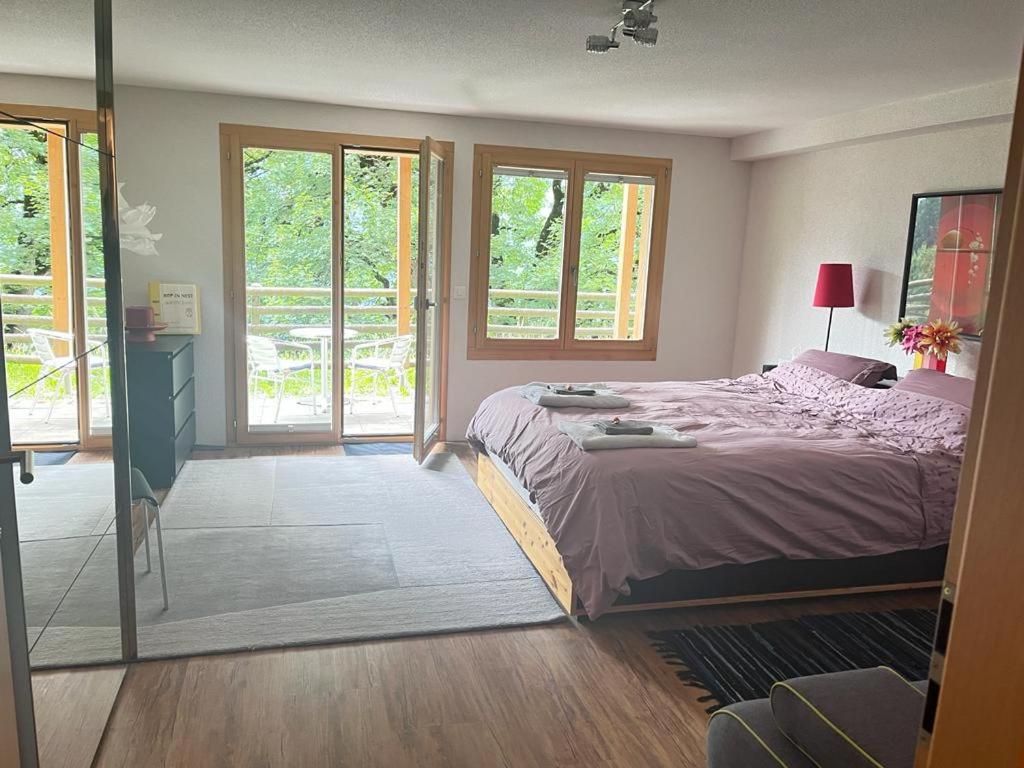 - une chambre avec un lit et une chambre avec des fenêtres dans l'établissement Hop in Nest Cozy B&B in Wengen, à Wengen