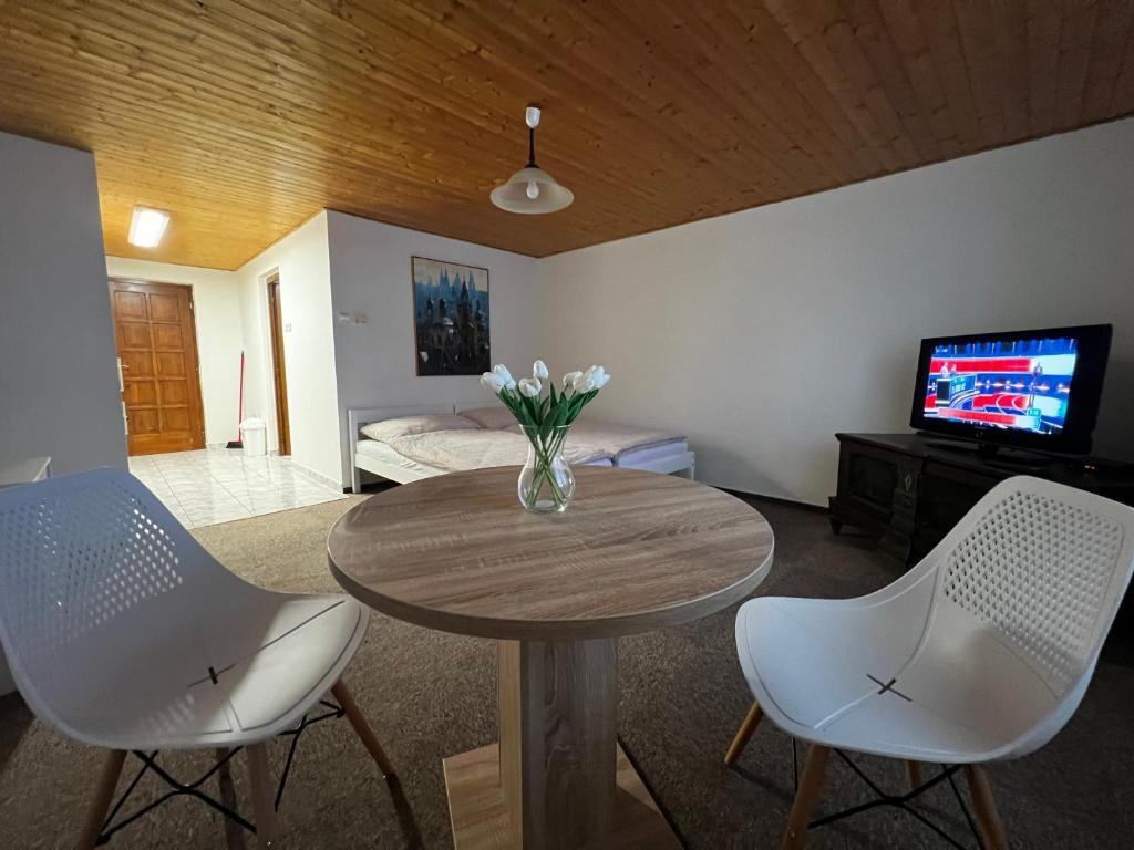 a living room with a table and two chairs and a television at Květinová in Litoměřice