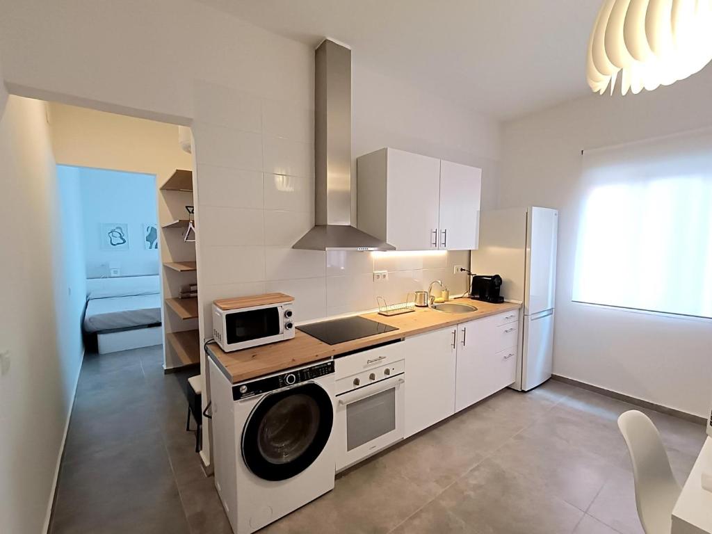 cocina con lavadora, fogones y fregadero en Apartamentos Rincón de Vinatea, en Castellón de la Plana