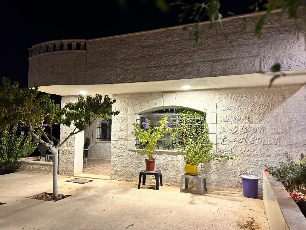 un bâtiment avec deux plantes en pot assises sur un tabouret dans l'établissement apartment between ajloun castle and Jerash ruins, à Jerash