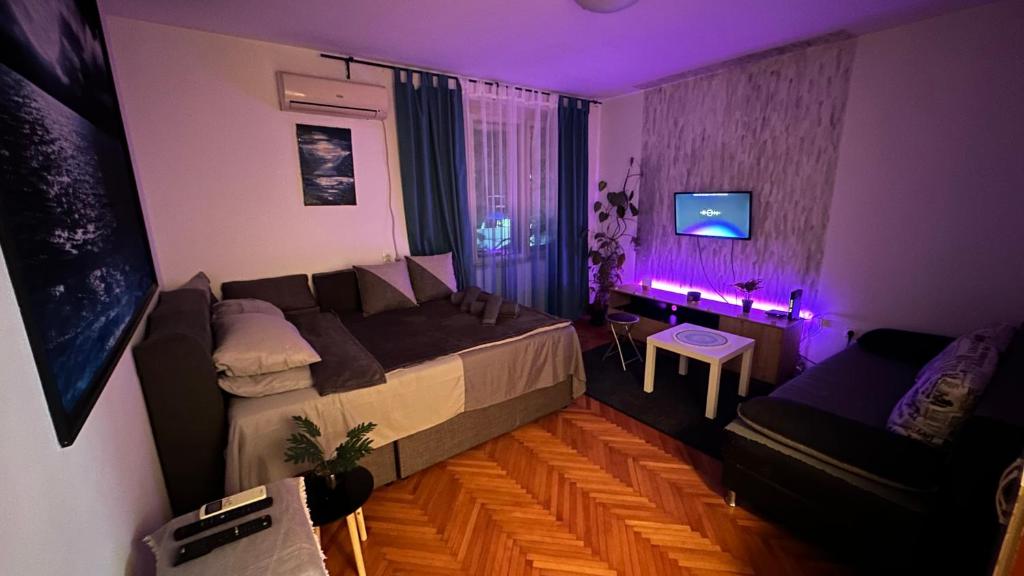 - une chambre avec un lit, un canapé et une lumière violette dans l'établissement Apartman Moon, à Belgrade