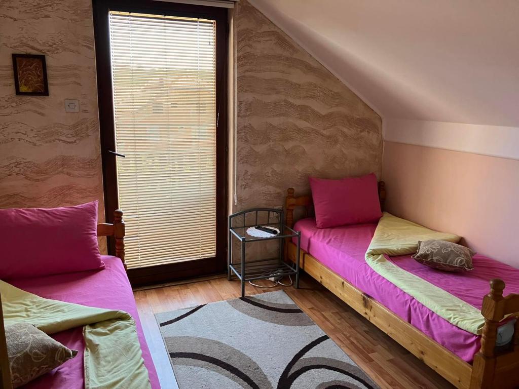 a room with two beds and a window at Apartmani Rada in Zlatibor