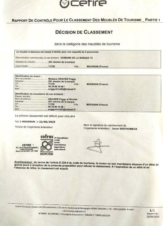Certifikát, hodnocení, plakát nebo jiný dokument vystavený v ubytování Gites à Moussan ,Domaine de la barque à 5 mins de Narbonne