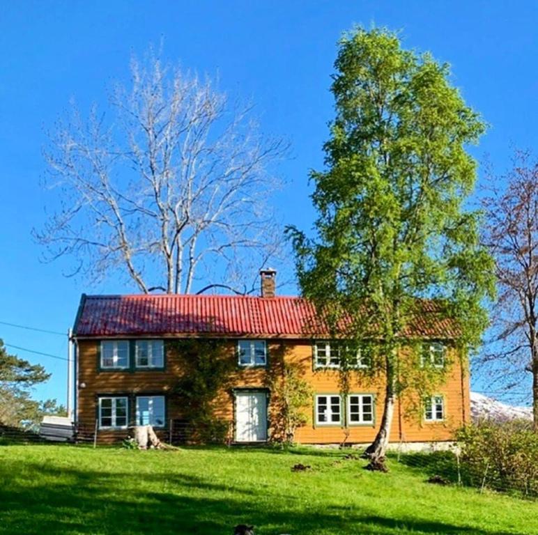 a large brick house with a red roof and a tree at Draget gård in Molde