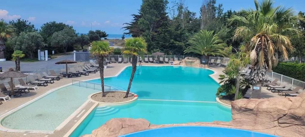 a large swimming pool with palm trees in a resort at Oléron Mobil home climatisé tout confort 50 m de l'océan in La Bétaudière