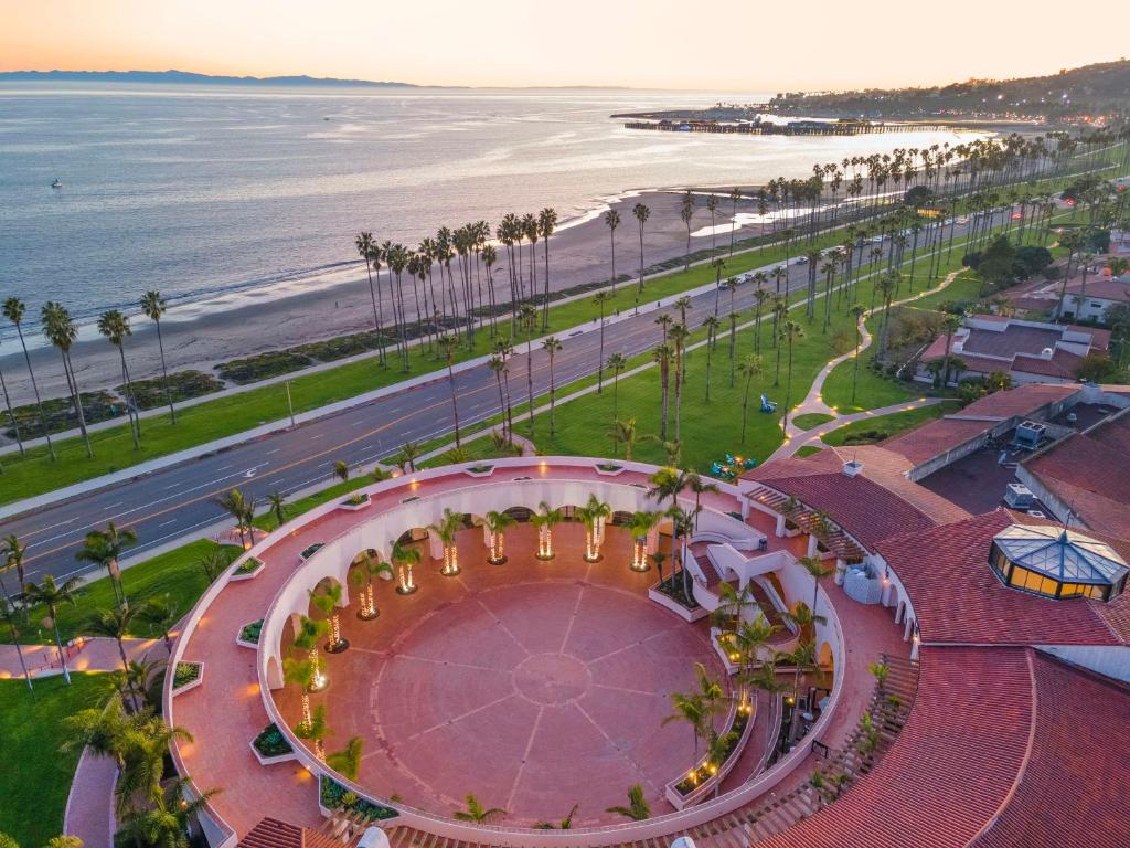 an aerial view of the beach and the ocean at Hilton Santa Barbara Beachfront Resort in Santa Barbara