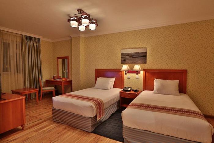 Golden Addis Hotel في أديس أبابا: غرفة فندقية بسريرين ومكتب