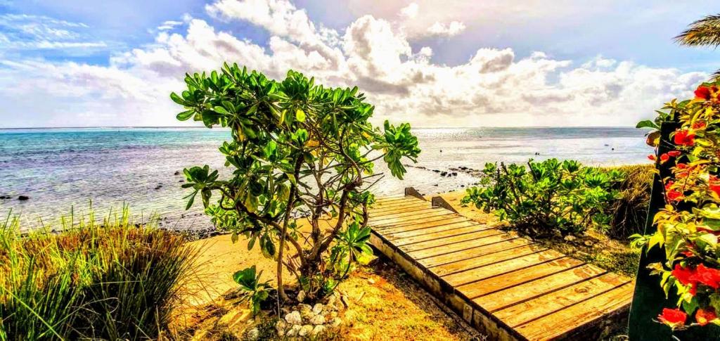 a wooden pathway to the beach with the ocean at MOOREA - Fare Taina Iti in Haapiti