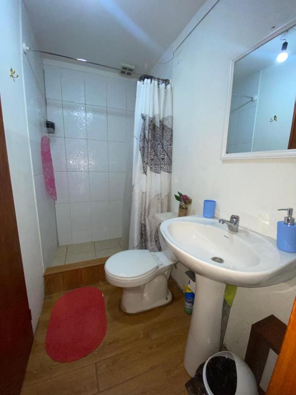 y baño con aseo blanco y lavamanos. en Cabañas Dichato Turismo Roma, en Dichato