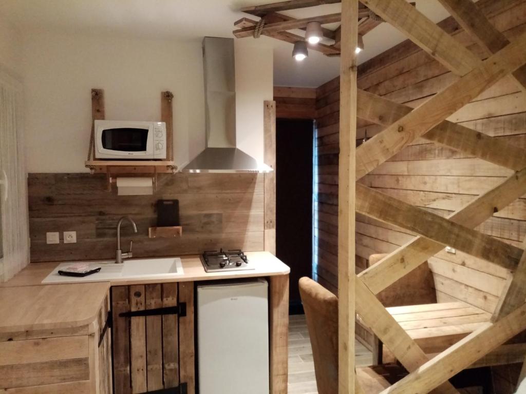 eine Küche mit Holzwänden, einer Spüle und einer Mikrowelle in der Unterkunft Le paon de bois in Saint-Mards-en-Othe