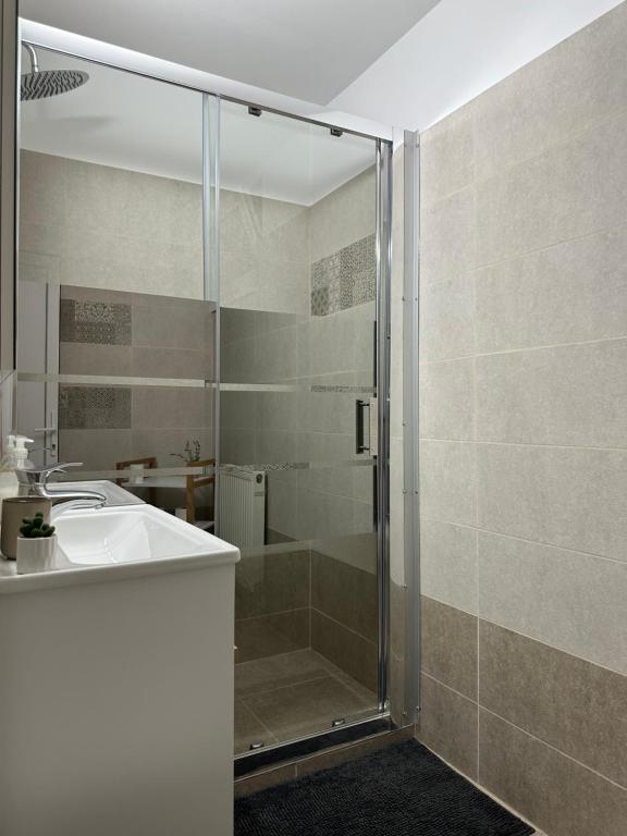 皮亞特拉尼亞姆茨的住宿－Scandinavia Apartament，带淋浴和盥洗盆的浴室