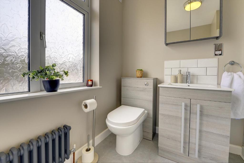 ein Bad mit einem WC, einem Waschbecken und einem Fenster in der Unterkunft Terracotta House I Executive House I Parking and Pet Friendly I eco-Short Term Let by SILVA in Clapham