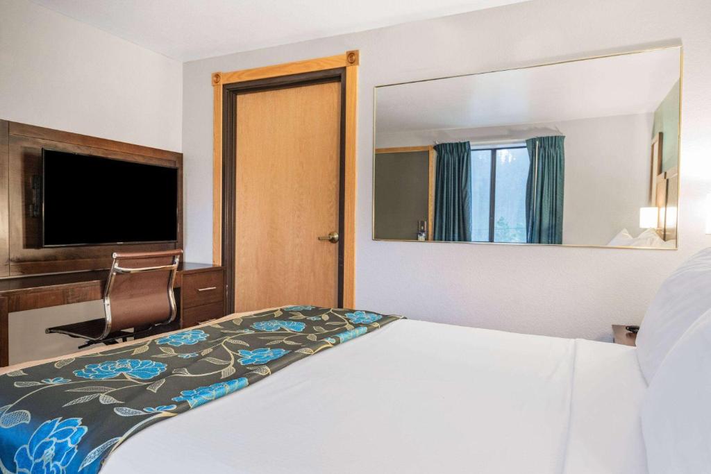 a hotel room with a bed and a mirror at Baymont by Wyndham Keystone Near Mt. Rushmore in Keystone