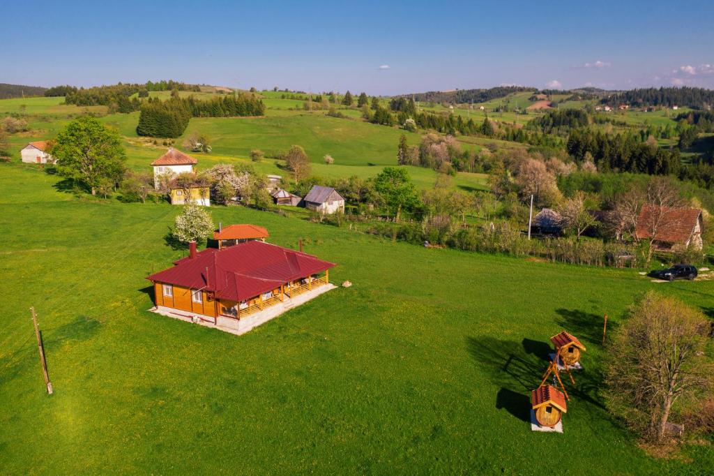 una vista aerea di una casa in un campo verde di Aronija Zlatar a Nova Varoš