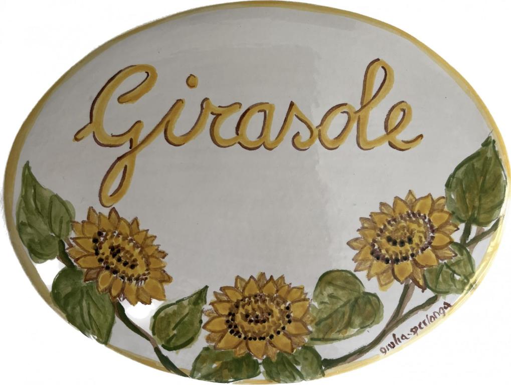 斯佩隆加的住宿－Girasole room Sperlongaresort，一块有黄色花卉和词“游戏代”的盘子