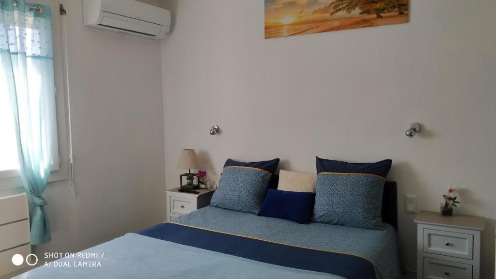 een slaapkamer met een bed met blauwe kussens bij CHAMBRES Climatisées Confort,WIFI, GARE TGV,parking,pt dejeuner in Perpignan