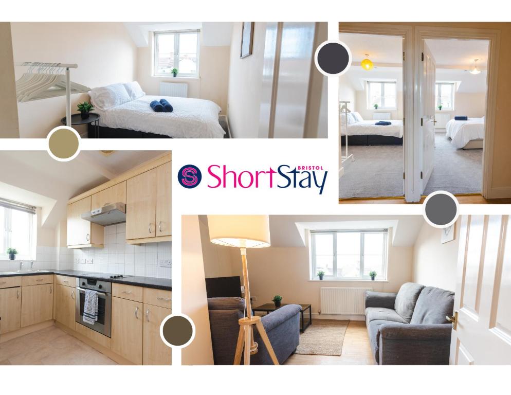 een keuken en een woonkamer met een bed en een kamer bij May Disc - Long Stay - Contractors in Swindon