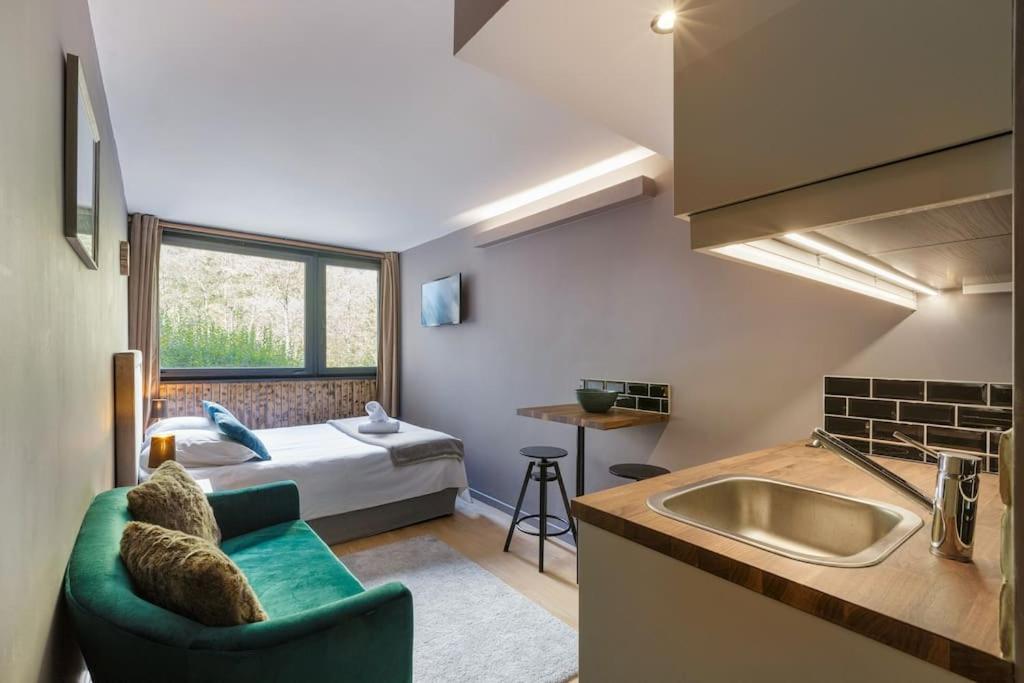 - une cuisine avec un canapé et un lit dans une chambre dans l'établissement Fantastic studio by the lake with Mountain View, à Chamonix-Mont-Blanc