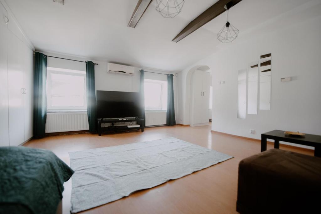 una gran sala de estar con alfombra en el suelo de madera en Apartament Serce Łodzi, en Łódź