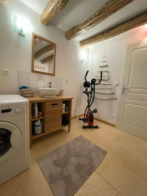 a bathroom with a washing machine and a sink at Bienvenue au Gite La So Sweet in Rully