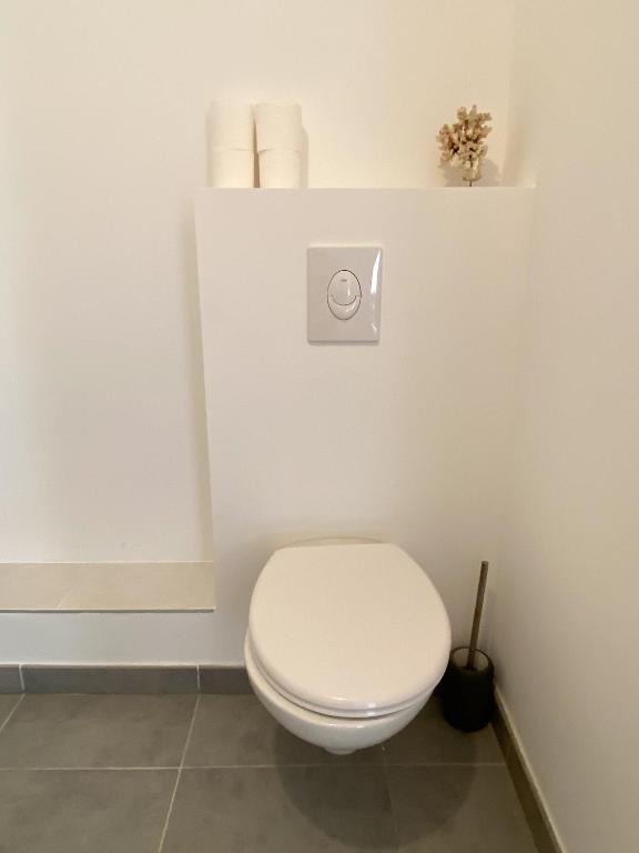 a bathroom with a white toilet and two rolls of toilet paper at Appartement terrasse proche Centre in Montpellier