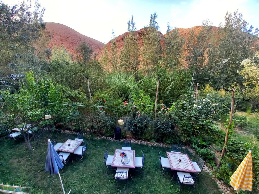 un jardín con mesas y sombrillas en el césped en Maison d'Hôte Argana, en Aït Idaïr