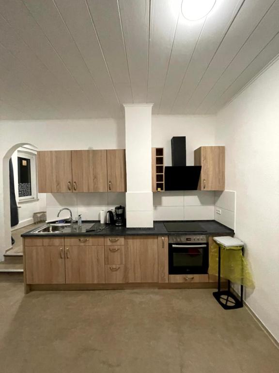 een keuken met houten kasten en een wastafel in de kamer bij Monteurwohnungen direkt am Hauptbahnhof in Neumünster