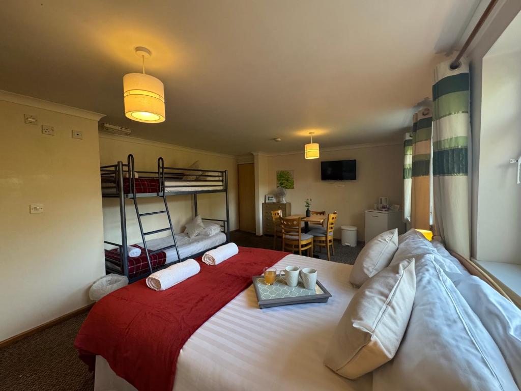 um quarto com uma cama grande e um cobertor vermelho em The Carpenters Arms Rooms in Broadway, Laugharne em Laugharne