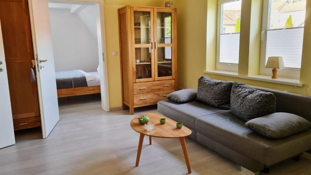 ein Wohnzimmer mit einem Sofa und einem Tisch in der Unterkunft Ferienwohnungen Hexenstieg & Wurmbergblick in Schierke