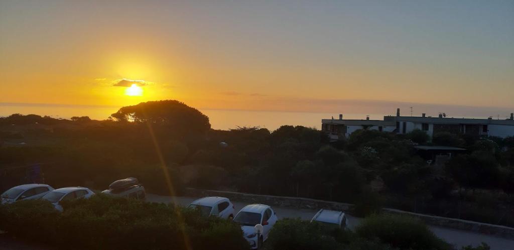a sunset over a parking lot with cars parked at Stintino - Cala Lupo in Stintino