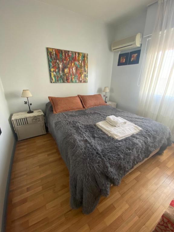 a bedroom with a large bed with a gray blanket at DEPTO PEDRO MOLINA in Mendoza